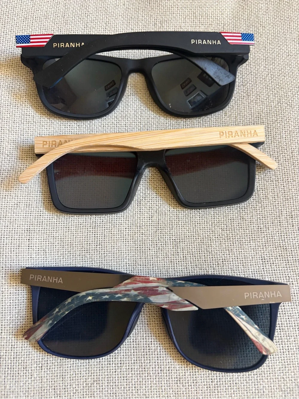 PIRANHA Sunglasses Trio - Black Frames with Wooden bamboo  & Flag Accents